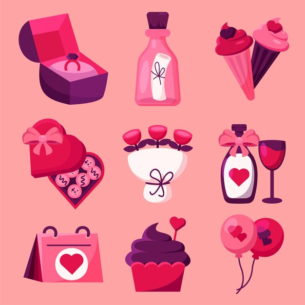 Conjunto de artículos para el amante en el concepto de día de san valentín elemento de amor dibujo ilustración de vector de diseño plano de estilo de dibujos animados