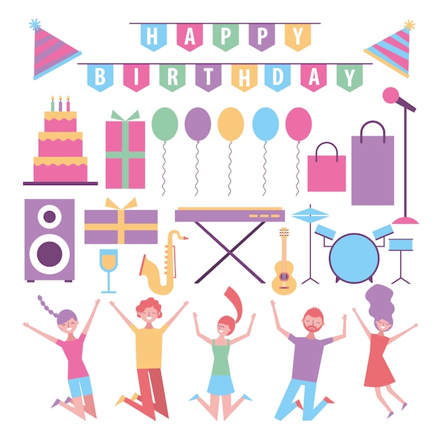 Vector gratuito conjunto de artículos de celebración y cumpleaños de personas