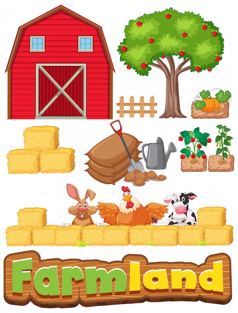 Vector gratuito conjunto de artículos de granja y muchos animales.