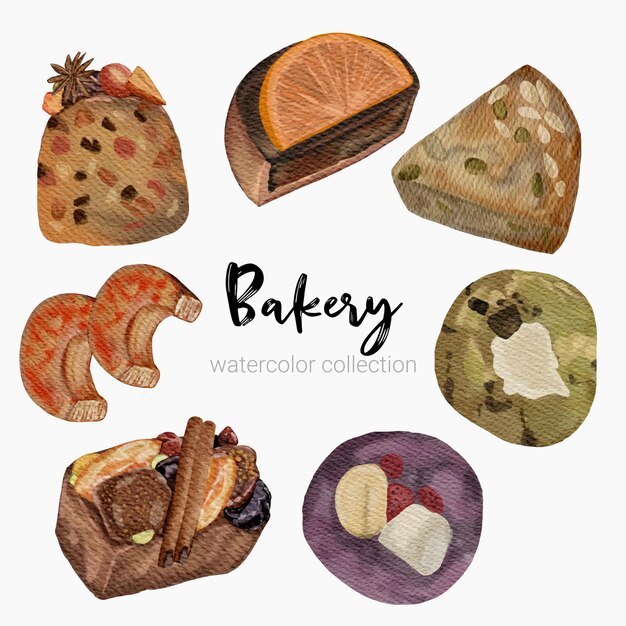 Conjunto de artículos de pan y productos de panadería para elementos de cafetería y escaparate de panadería.