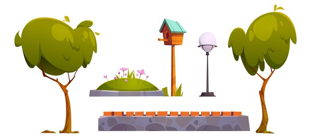 Conjunto de artículos de parque, árboles verdes, cama de flores, farola y casita para pájaros de madera con valla de piedra o banco