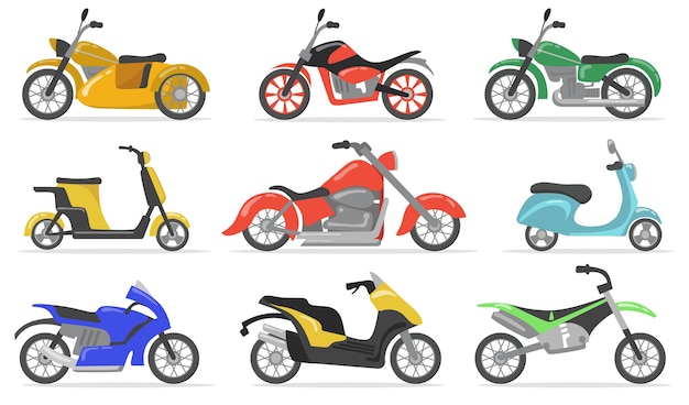 Conjunto de artículos planos de varias motos. Dibujos animados de motocicletas, motocicletas, scooters y bicicletas colección de ilustraciones vectoriales aisladas. Concepto de transporte y entrega