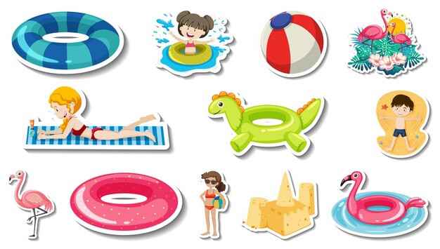 Conjunto de artículos de playa de verano y niños.