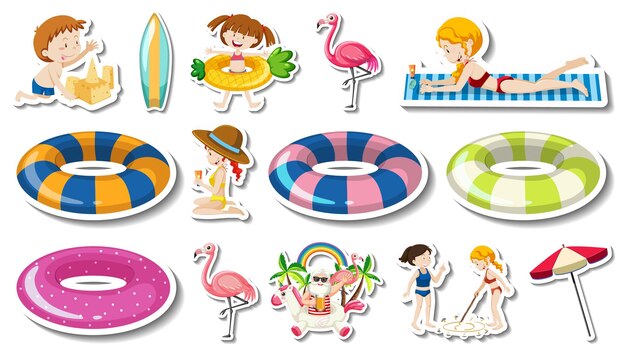 Conjunto de artículos de playa de verano y niños.