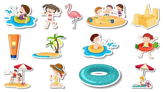 Conjunto de artículos de playa de verano y niños.