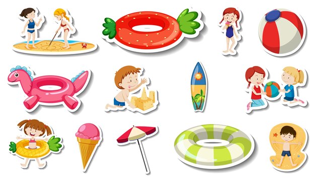 Conjunto de artículos de playa de verano y niños.