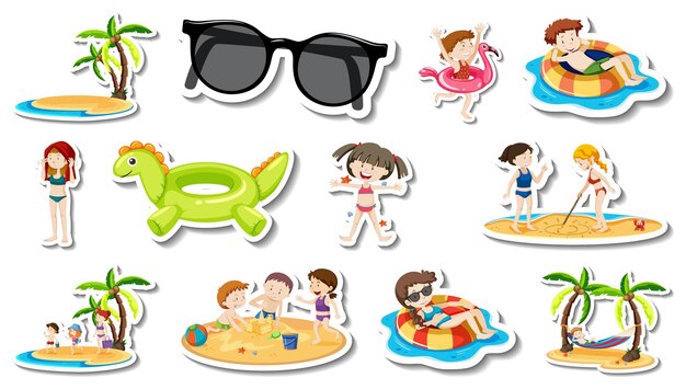 Conjunto de artículos de playa de verano y niños.