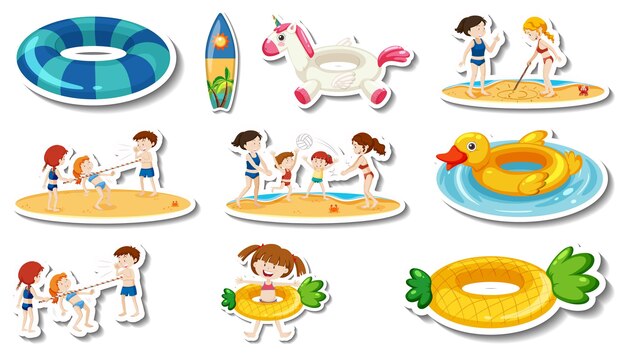 Conjunto de artículos de playa de verano y niños.