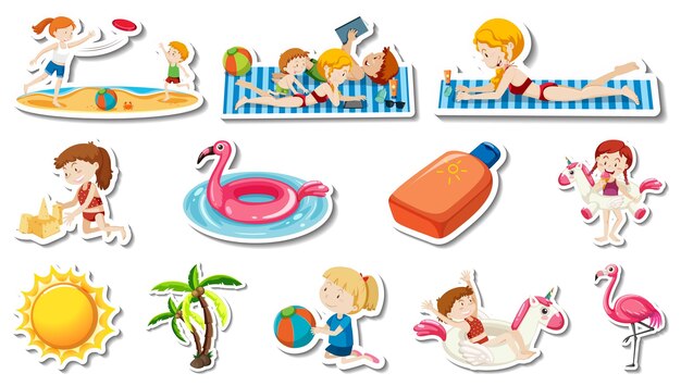 Conjunto de artículos de playa de verano y niños.