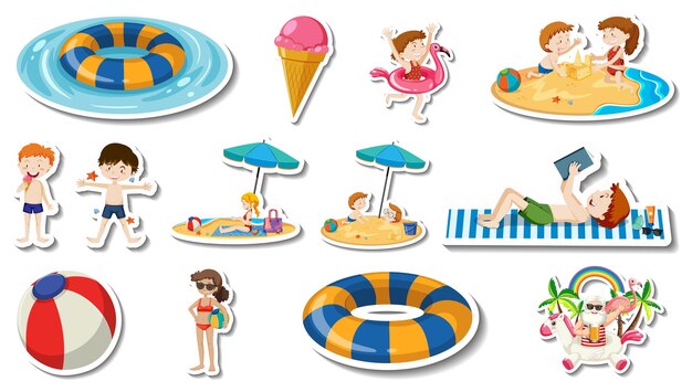 Conjunto de artículos de playa de verano y niños.