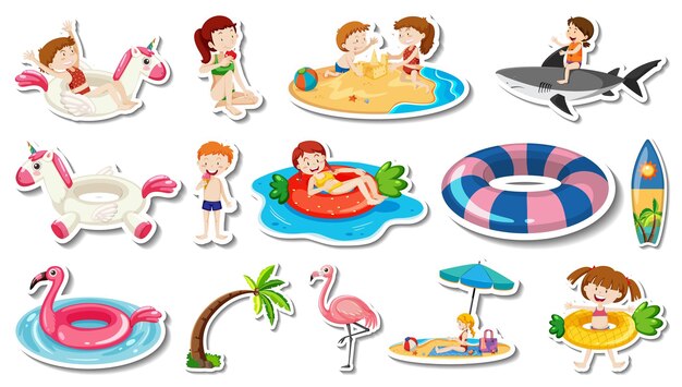 Conjunto de artículos de playa de verano y niños.
