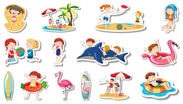 Conjunto de artículos de playa de verano y niños.