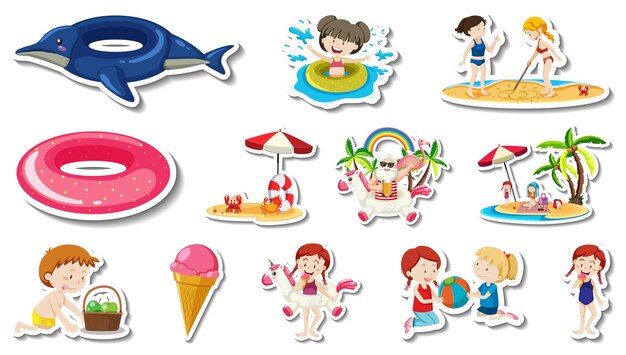 Conjunto de artículos de playa de verano y niños.