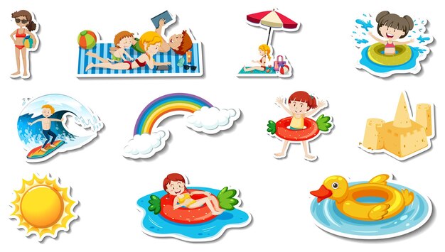 Conjunto de artículos de playa de verano y niños.