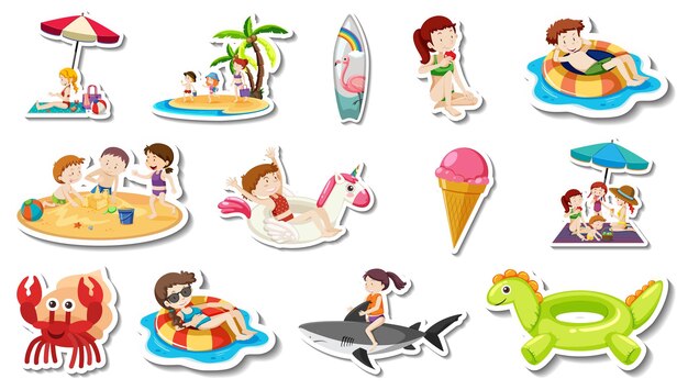 Conjunto de artículos de playa de verano y niños.