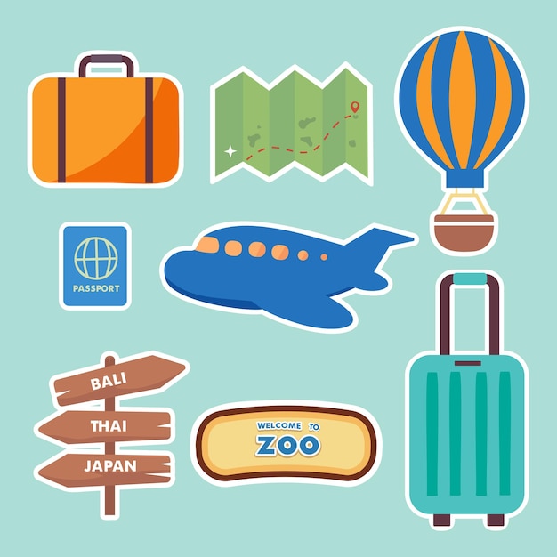 Conjunto de artículos para viajar en concepto de vacaciones de verano con dibujo de ilustración de vector plano de estilo de dibujos animados
