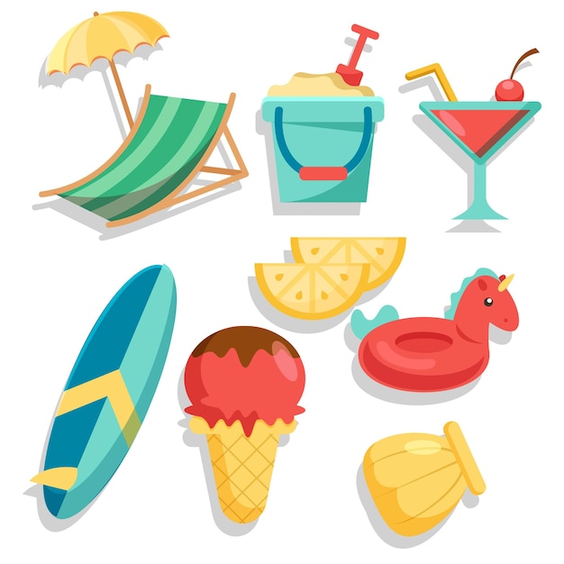 Conjunto de artículos para viajar en concepto de vacaciones de verano con dibujo de ilustración de vector plano de estilo de dibujos animados