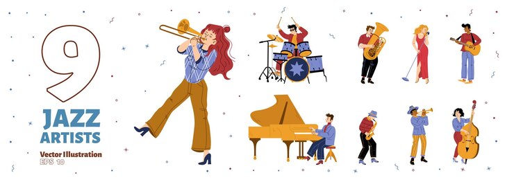 Vector gratuito conjunto de artistas de la banda de jazz interpretando espectáculos musicales
