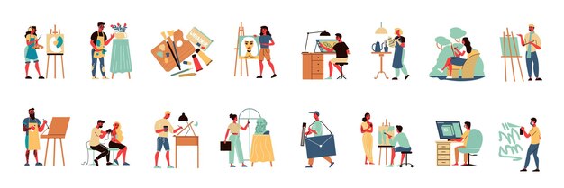 Conjunto de artistas de íconos aislados con personajes humanos de trabajadores creativos con pintores escultores y diseñadores ilustraciones vectoriales