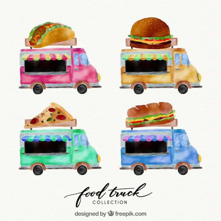 Vector gratuito conjunto artístico de food trucks en acuarela