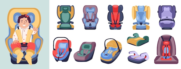 Vector gratuito conjunto de asientos de coche para niños de iconos planos aislados con coloridos asientos de seguridad infantiles en la ilustración de vector de fondo en blanco