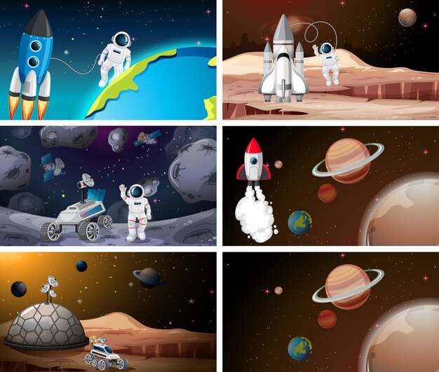 Conjunto de astronauta y escena del sistema solar o de fondo.