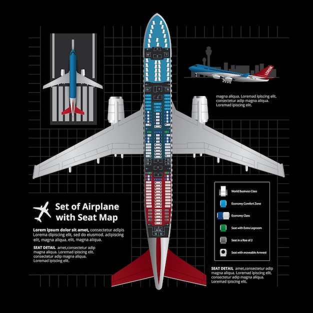 Vector gratuito conjunto de aterrizaje de avión con mapa de asiento ilustración vectorial aislada