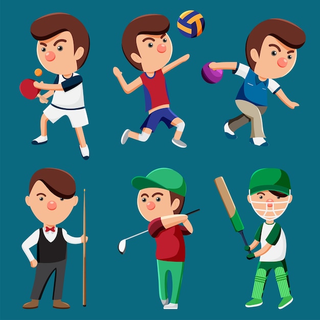 Conjunto de atletas, paquete mixto de jugadores, como tenis de mesa, voleibol, bolos, snooker, golf, cricket con equipo de tipo deportivo