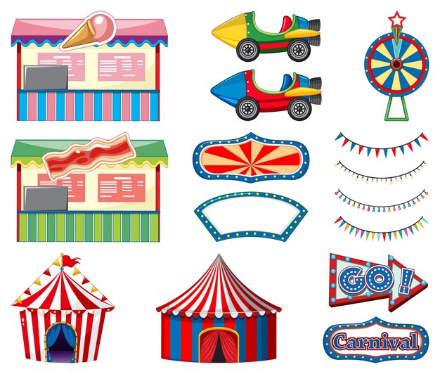 Conjunto de atracciones de circo y caseta de juegos en blanco