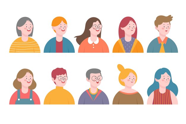 Conjunto de avatar de personas sonrientes. Colección de diferentes personajes de hombres y mujeres.