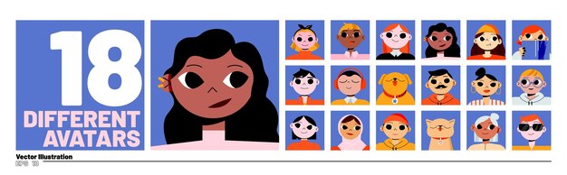 Conjunto de avatares con diversos retratos de personas y mascotas.