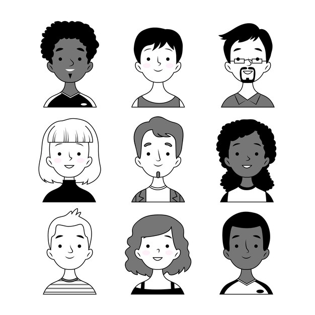 Conjunto de avatares de personas en blanco y negro