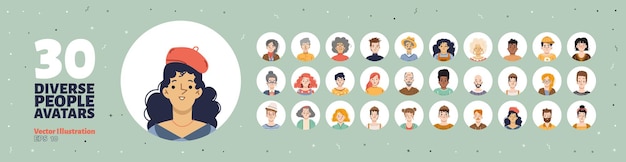 Conjunto de avatares de personas iconos redondos con caras