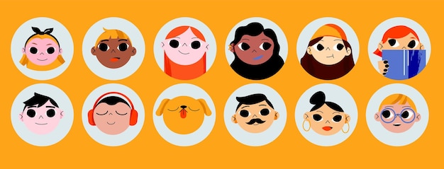 Conjunto de avatares de personas o mascotas iconos redondos aislados