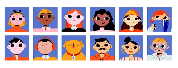 Vector gratuito conjunto de avatares con retratos de personas para el perfil en las redes sociales colección plana vectorial de grupo multirracial de personajes rostros de mujeres y hombres y perro sobre fondo cuadrado azul