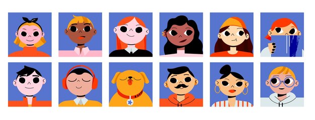 Conjunto de avatares con retratos de personas para el perfil en las redes sociales Colección plana vectorial de grupo multirracial de personajes rostros de mujeres y hombres y perro sobre fondo cuadrado azul