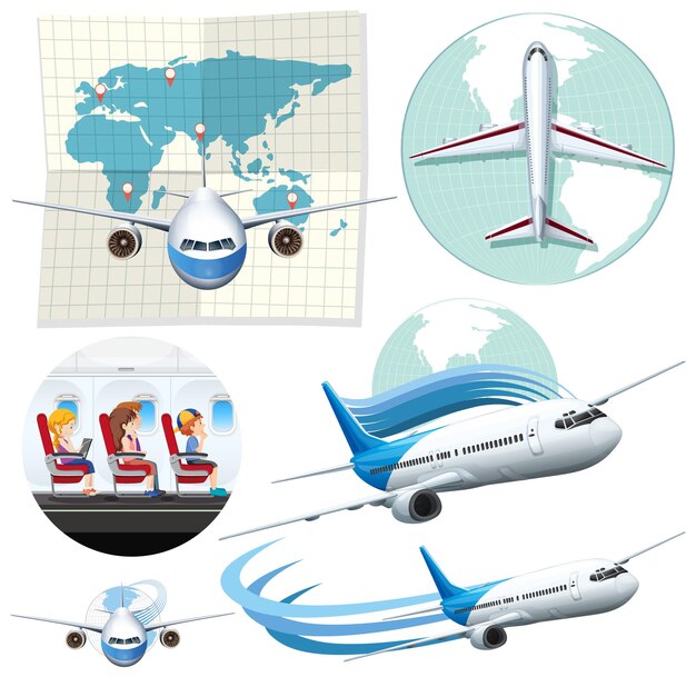 conjunto, de, avión, y, aviación, icono
