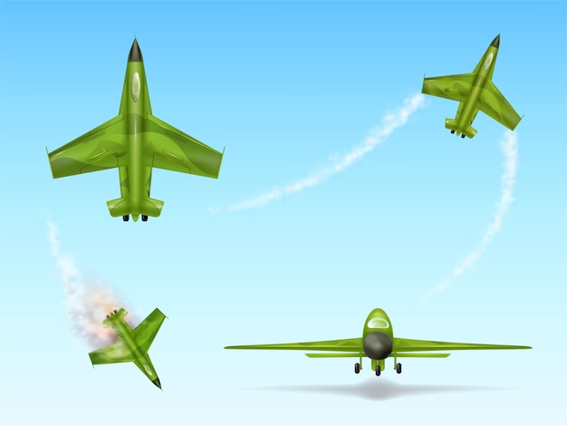 Vector gratuito conjunto de aviones militares, avión de combate. avión de combate de camuflaje en diferentes puntos de vista