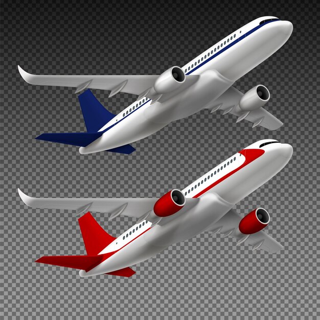 Conjunto de aviones voladores de imágenes realistas sobre fondo transparente con aviones de pasajeros rojos y azules de marca ilustración vectorial
