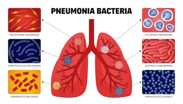 Vector gratuito conjunto de bacterias de la neumonía humana con imágenes aisladas de forma anatómica de los pulmones con muestras de ilustraciones vectoriales de bacterias infecciosas