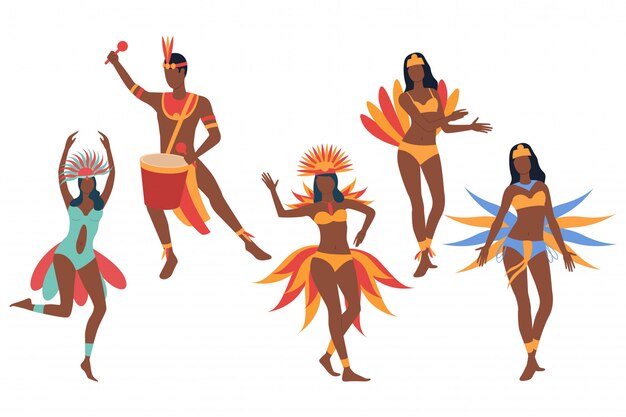 Conjunto de bailarines de carnaval. Hombre y mujer de piel oscura.