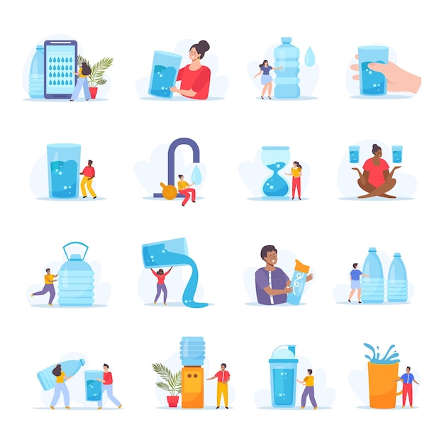 Conjunto de balance de agua de iconos planos aislados con personajes humanos enfriadores de agua dispensadores de botellas y vasos ilustración vectorial