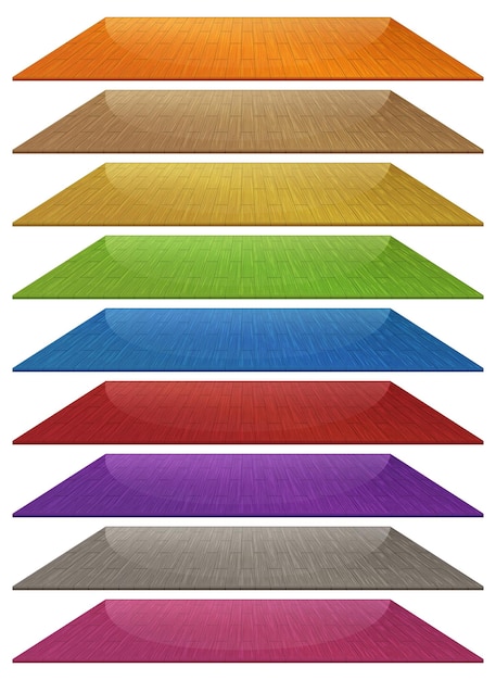 Conjunto de baldosas de madera de diferentes colores aislado sobre fondo blanco.