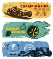 Vector gratuito conjunto de banner de carreras horizontales de tres colores con títulos campeonato serie de carreras carreras mundiales y campeonato mundial ilustración vectorial