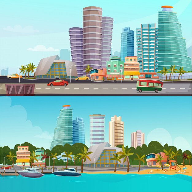 Conjunto de banner de dibujos animados de Miami Waterfront Set