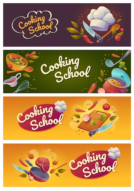 Vector gratuito conjunto de banner de escuela de cocina plana