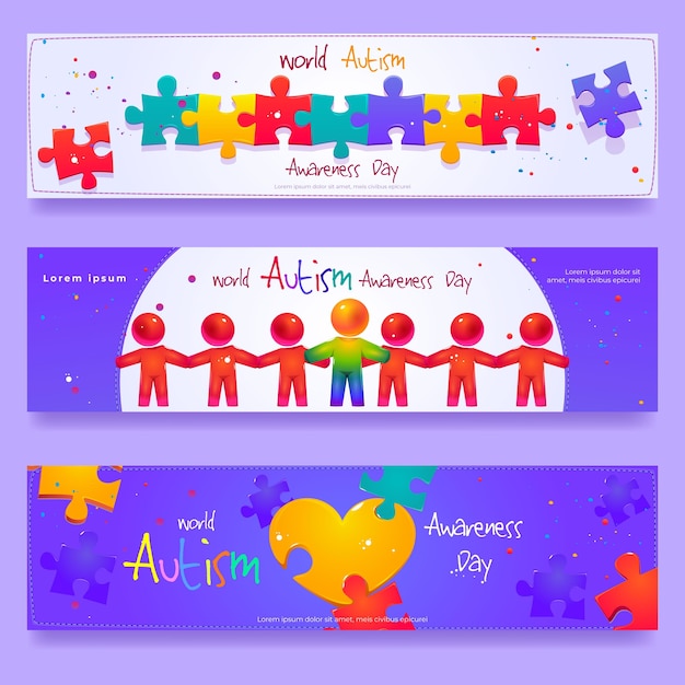 Conjunto de banner horizontal del día mundial de concientización sobre el autismo de dibujos animados