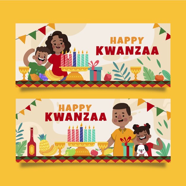 Conjunto de banner horizontal kwanzaa plano dibujado a mano