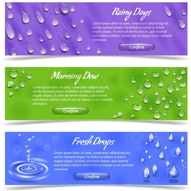 Vector gratuito conjunto de banner horizontal de rocío de agua y gotas caídas