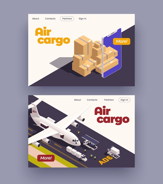 Conjunto de banner isométrico de aeronaves con símbolos logísticos de aeronaves ilustración vectorial